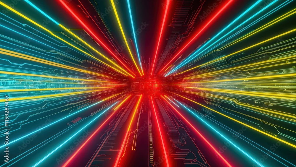 Poster dynamic neon light rays radiating from a central point create a vibrant, futuristic atmosphere, perf