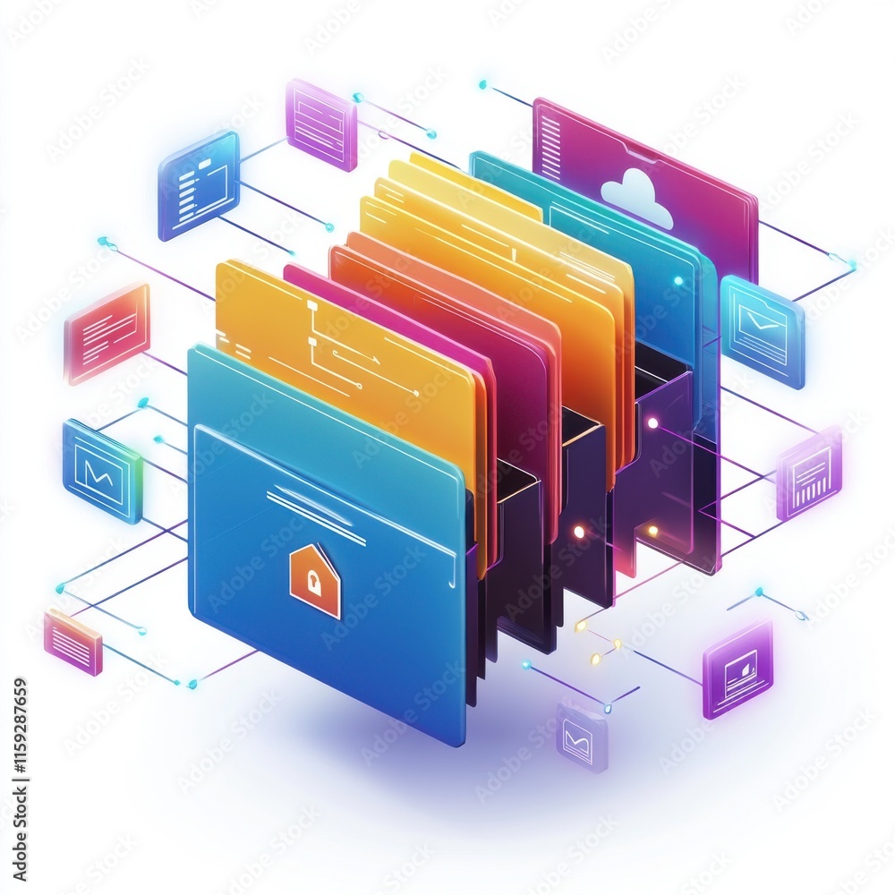 Poster digital illustration of colorful file folders representing secure data storage and management in a m