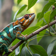 Fototapeta premium beautiful color skin of panther chameleon on branc