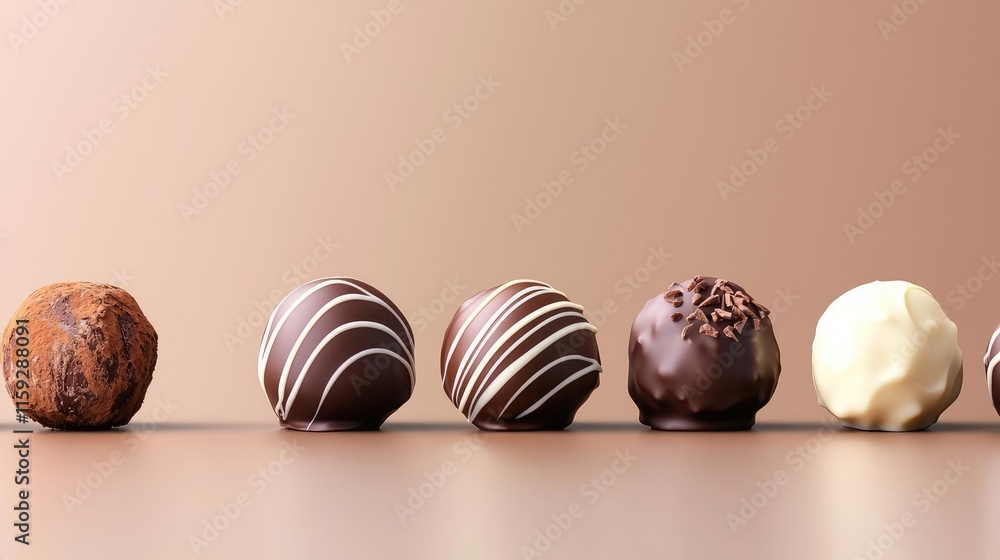 Poster minimal chocolates idea. delicious gourmet chocolate truffles arranged in a tempting row on a soft b