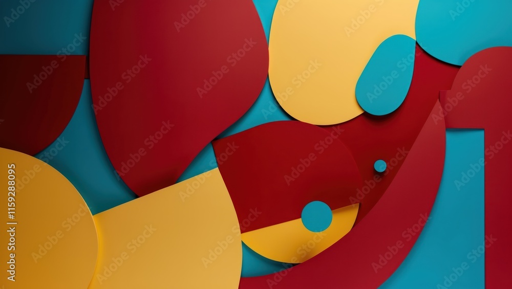 Poster colorful abstract composition featuring layered shapes in vibrant tones, creating a modern and playf