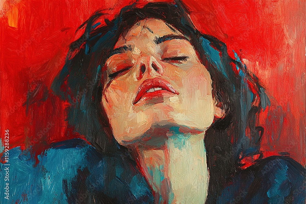 Poster expressive portrait in oil with vibrant reds and blues blending dynamically across canvas