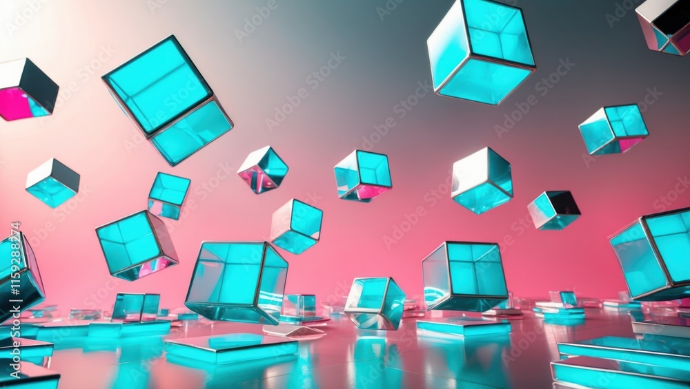 Poster abstract digital artwork featuring floating cubes with vibrant colors, showcasing a futuristic and i