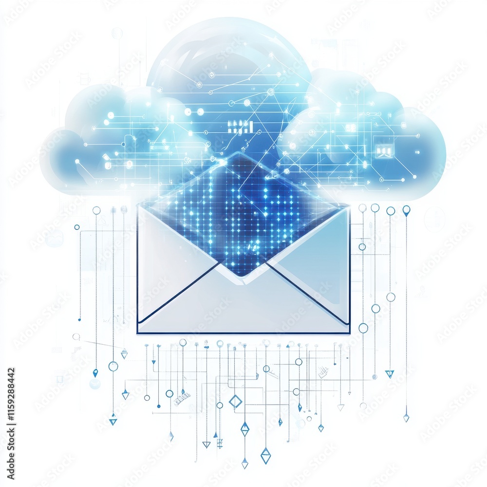 Poster a digital illustration of an envelope emerging from clouds, symbolizing cloud computing and email te