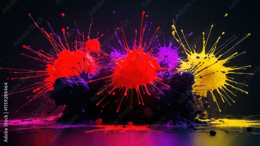 Poster dynamic explosion of vibrant colors with paint splatters creating an artistic and energetic atmosphe