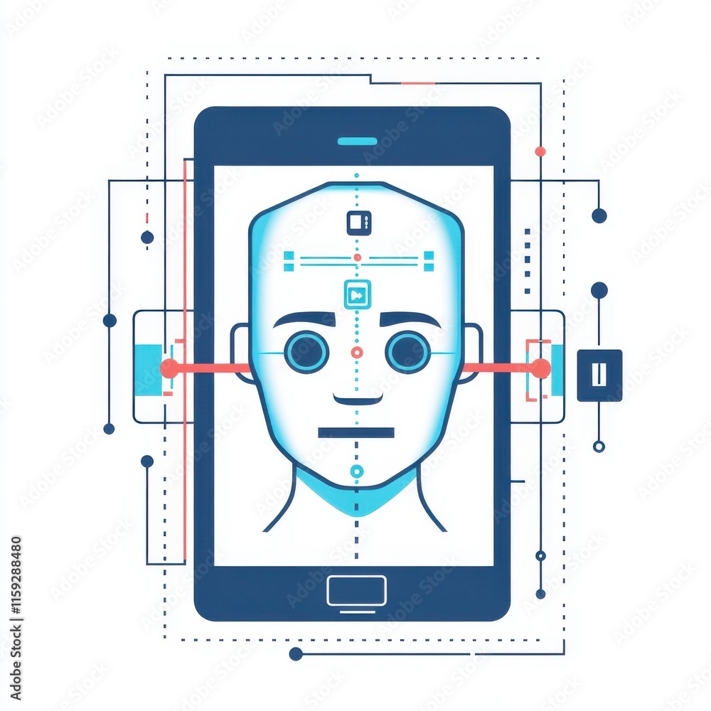 Poster futuristic representation of ai on a smartphone screen with a humanoid face design.