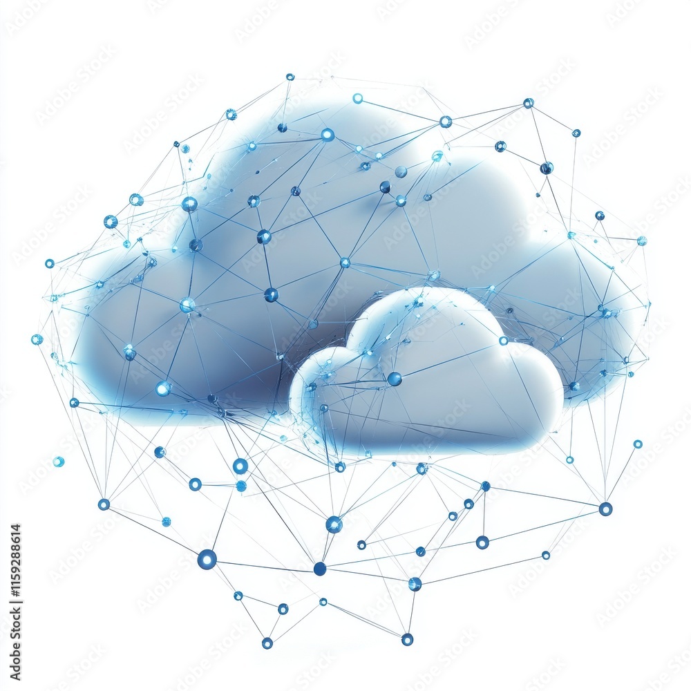 Poster abstract blue cloud shape with interconnected nodes, symbolizing data connectivity and digital netwo