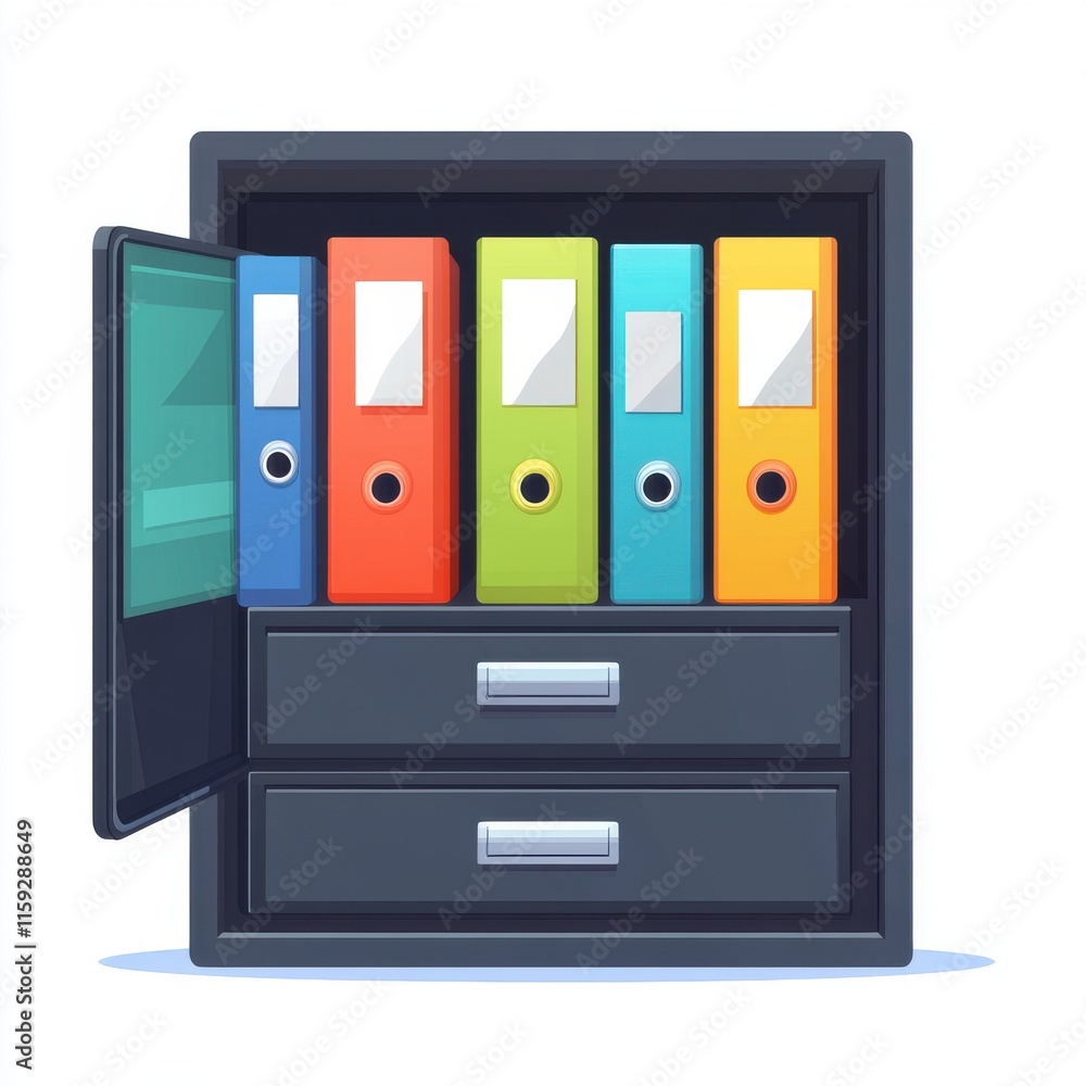 Aufkleber a colorful filing cabinet with open drawers and neatly arranged binders in vibrant colors, showcasin