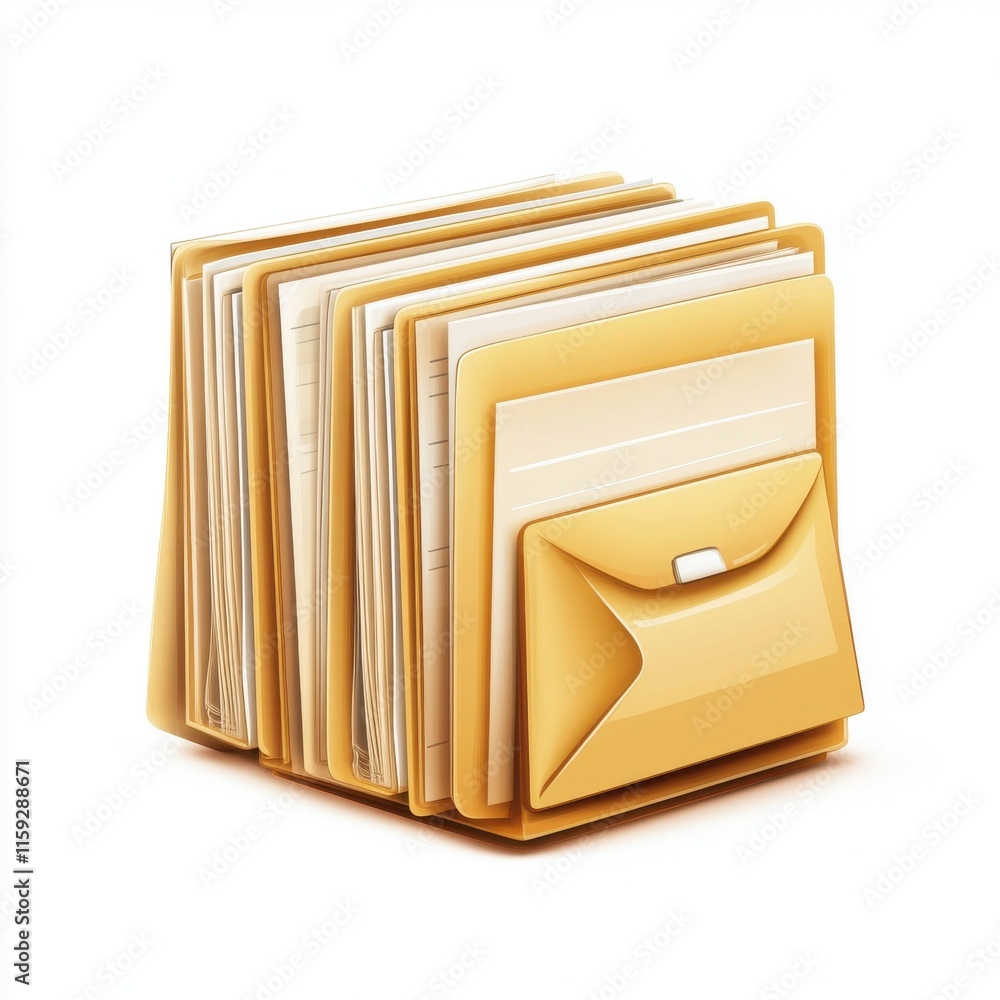 Poster a stack of yellow file folders with an envelope on top, representing efficient organization and pape