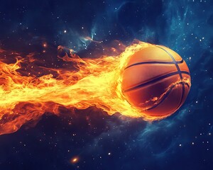 A fiery basketball flying through space with cinematic lighting, Background, and Wallpaper AI generated image