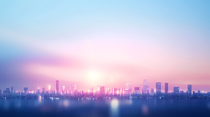 Fototapeta premium Cityscape at Dawn: Serene urban skyline at sunrise, bathed in soft pastel hues. A tranquil and inspiring image perfect for showcasing peace, tranquility, and urban development.
