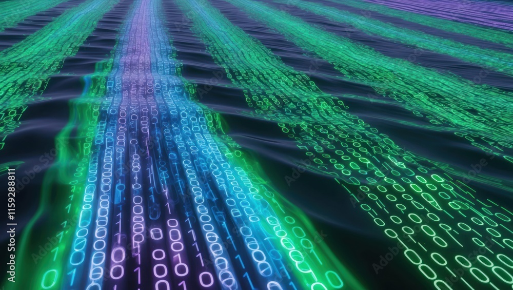 Poster digital representation of data flowing through water like waves in vibrant colors, symbolizing techn