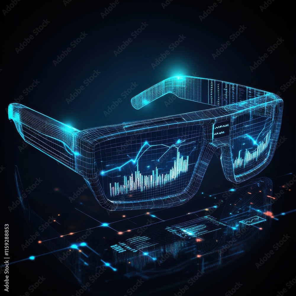 Poster futuristic augmented reality glasses displaying digital data analytics.