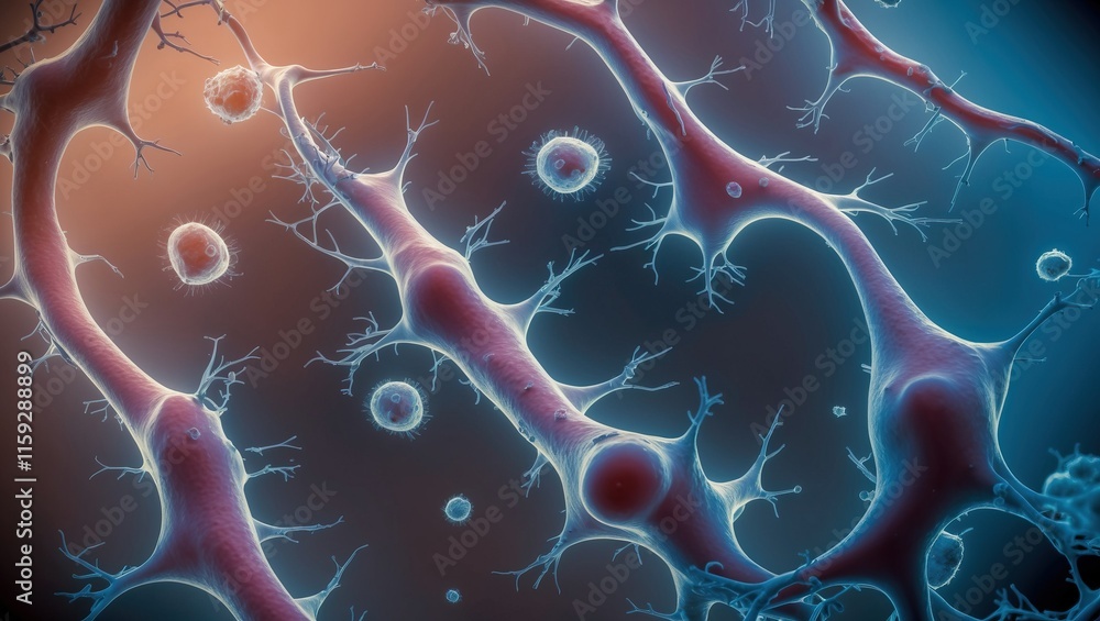 Poster intricate depiction of neurons and synapses, showcasing cellular structures and connections ideal fo