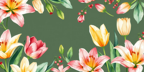 Obraz premium A green background with a flowery border. The flowers are pink and yellow. The background is a nice contrast to the flowers