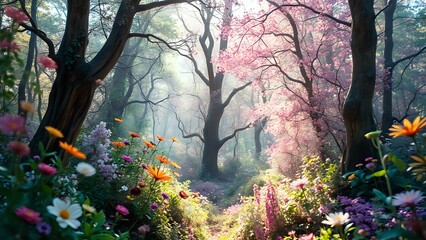 Enchanted Forest Scene with Cherry Blossoms and Tulips