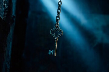 Old key hanging from chain in dark mysterious dungeon