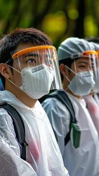 Young individuals with protective gear during a community health event in an urban setting