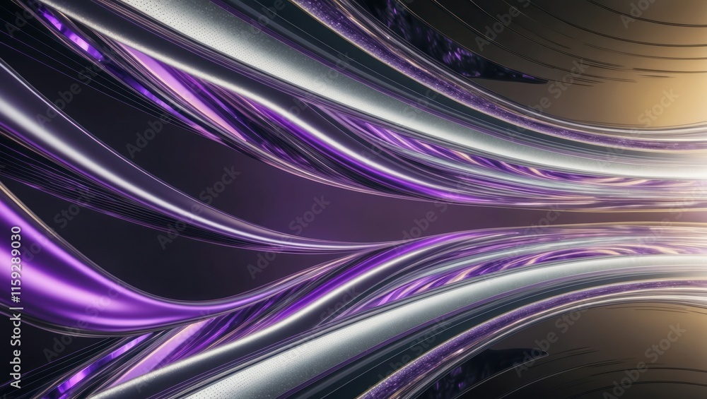 Poster futuristic abstract design features glossy purple curves and smooth metallic surfaces, creating a dy