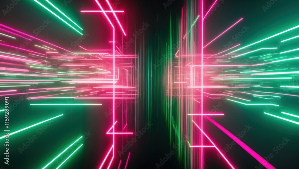 Poster futuristic abstract design featuring vibrant neon lights, creating a dynamic and energetic atmospher