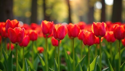 Fototapeta premium A bed of red tulips stretching across the foreground, floral, flowers, colors
