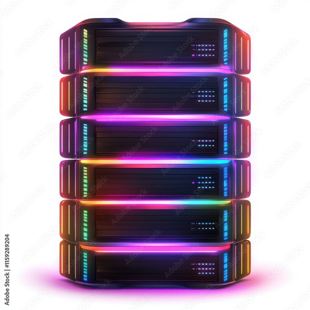 Poster a stack of illuminated server units with vibrant led lights, showcasing elegance and advanced techno