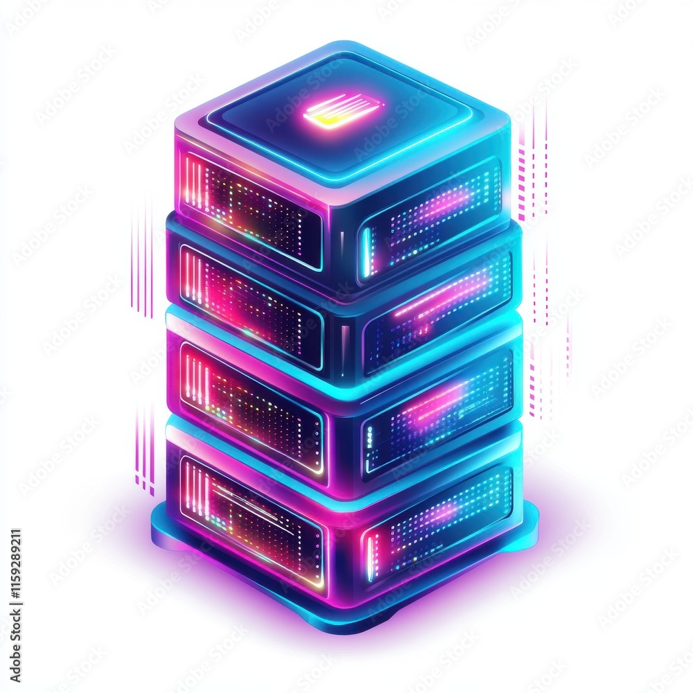 Poster futuristic data server stack glowing with neon lights, representing advanced technology and digital 