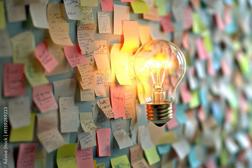 Poster light bulb with post-it notes on a wall, creative and unique decoration idea