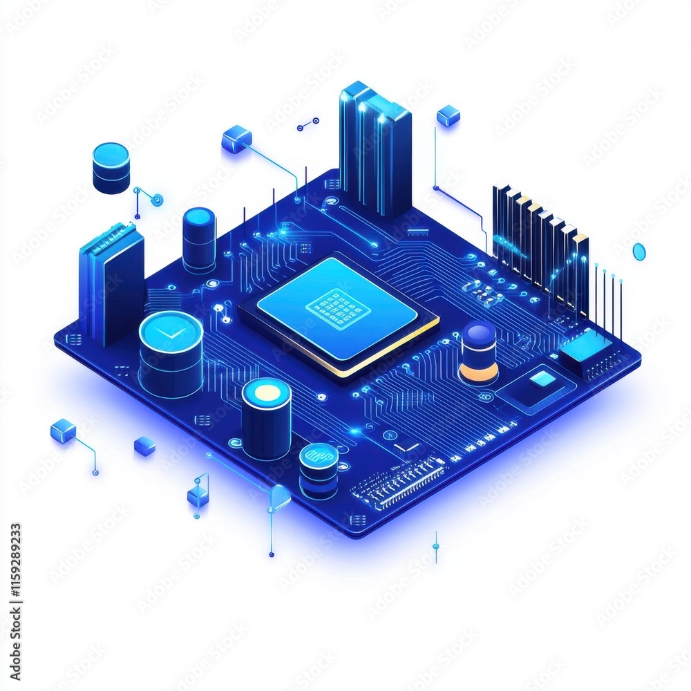 Poster futuristic blue microchip design showcasing intricate circuitry and electronic components.