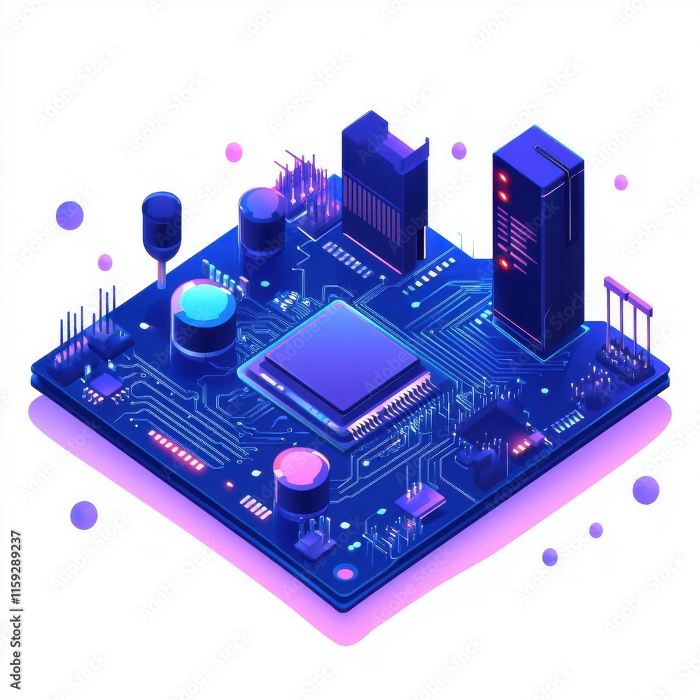 Poster a vibrant, futuristic representation of a computer circuit board with glowing components in a neon c