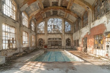 Fototapeta premium An old swimming pool in a neglected building, perfect for urban exploration or abandoned place scenes
