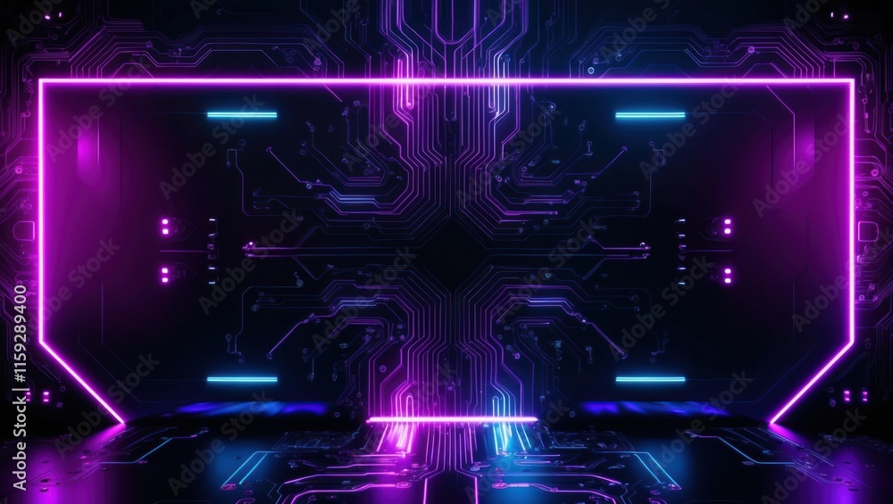 Poster futuristic digital abstract background featuring neon lights and circuit patterns, ideal for technol