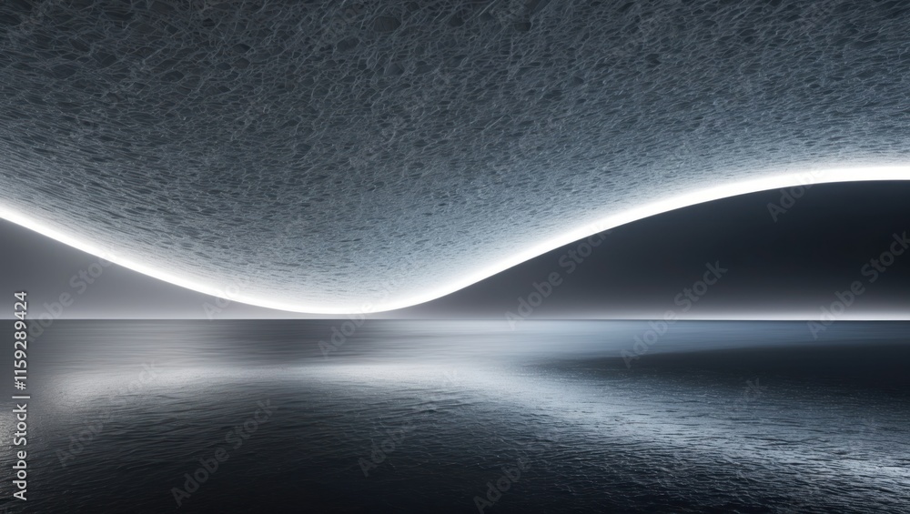 Poster futuristic abstract design features smooth waves and illuminated lines over tranquil water, conveyin