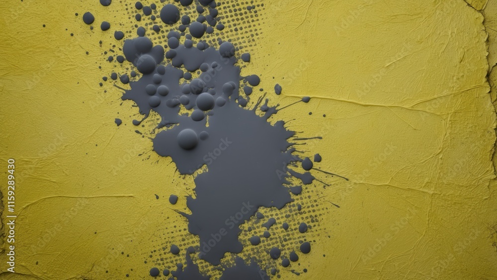 Poster abstract art featuring gray paint splatter on a yellow background, ideal for modern design and artis