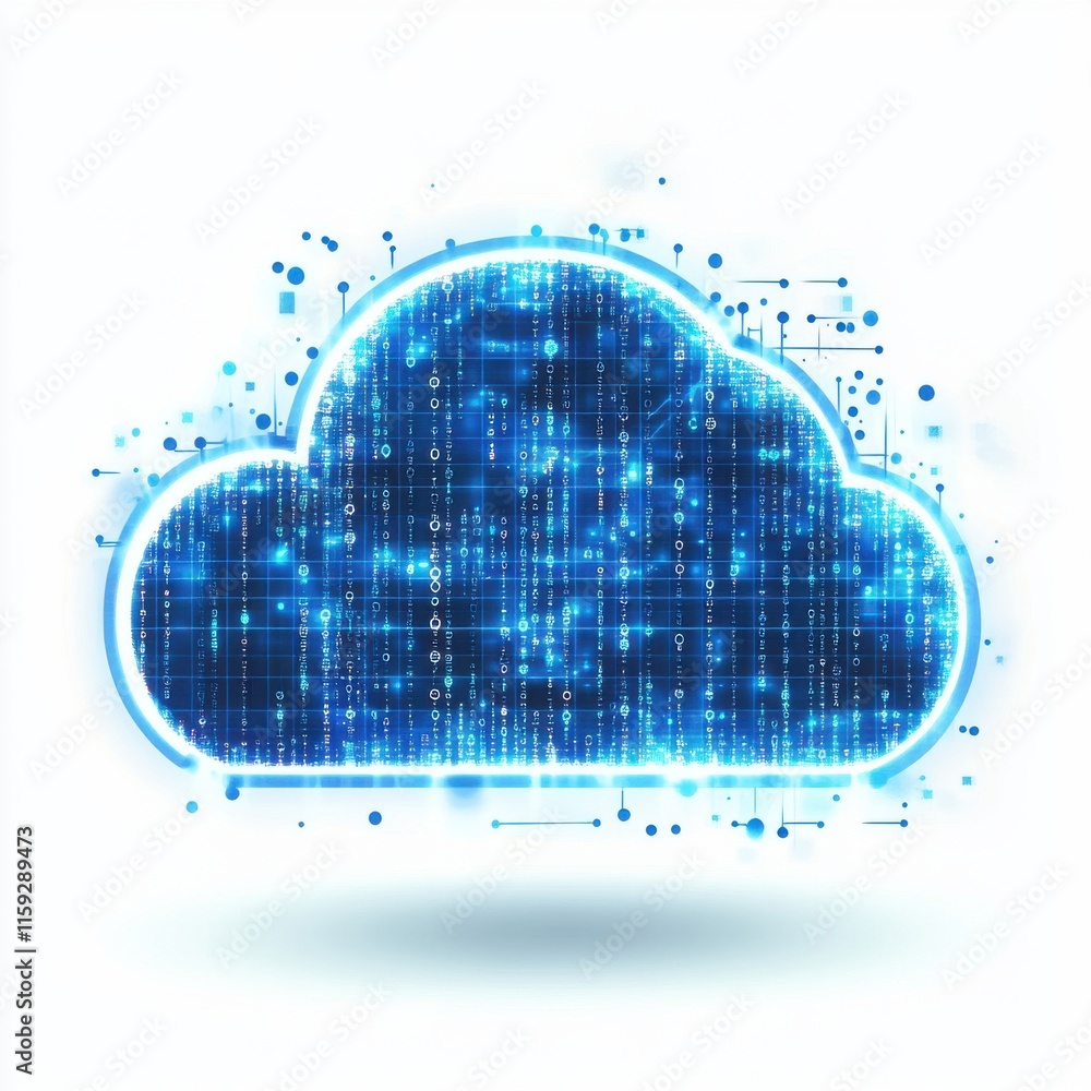 Poster futuristic digital cloud storage surrounded by glowing data streams and binary code.