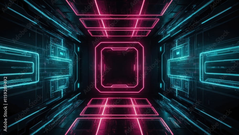 Poster futuristic neon corridor with glowing lines and shapes, creating an immersive digital environment fu