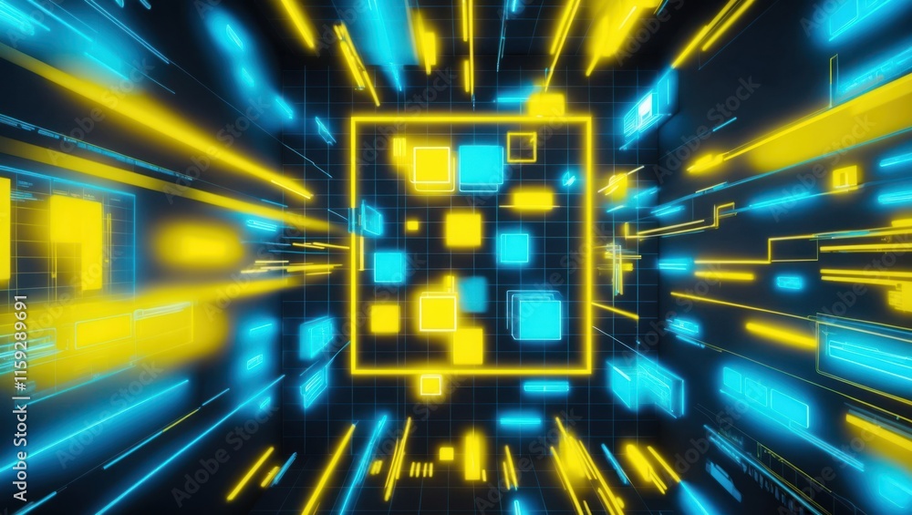 Poster futuristic abstract digital design featuring vibrant neon squares and lines, representing technology