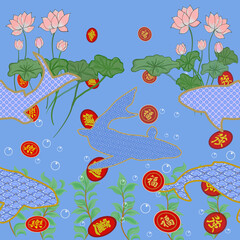 Chinese blessing elegant illustration opulent fishes pattern happiness, wealth, lucky, powerful