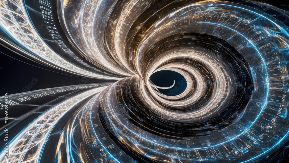 Poster futuristic spiral design featuring glowing lights and digital patterns, symbolizing technology and i
