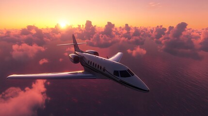 Private Jet Soaring Above Sunset Cloudscape