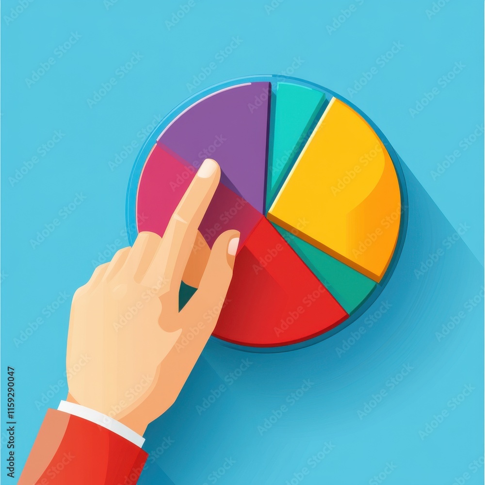 Poster a hand interacts with a colorful pie chart on a blue background, showcasing data analysis concepts.