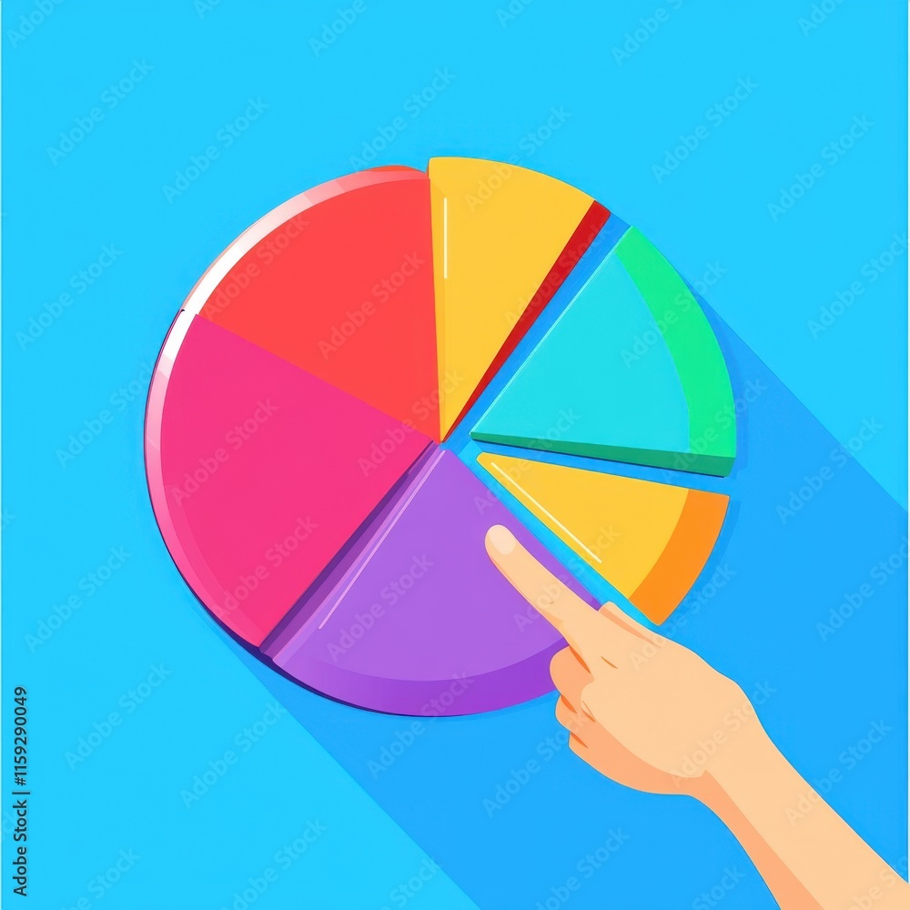 Poster a hand pointing at a colorful pie chart on a bright blue background, illustrating data visualization