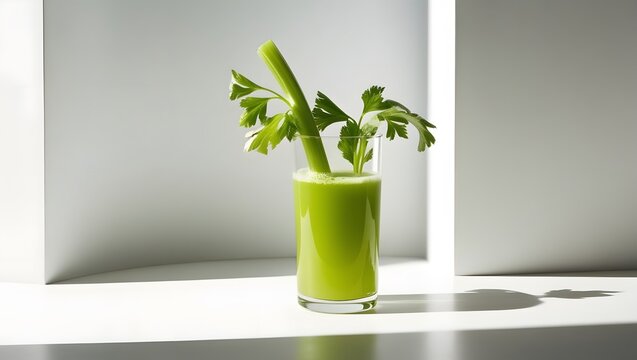 glass of green juice with celery and a stem