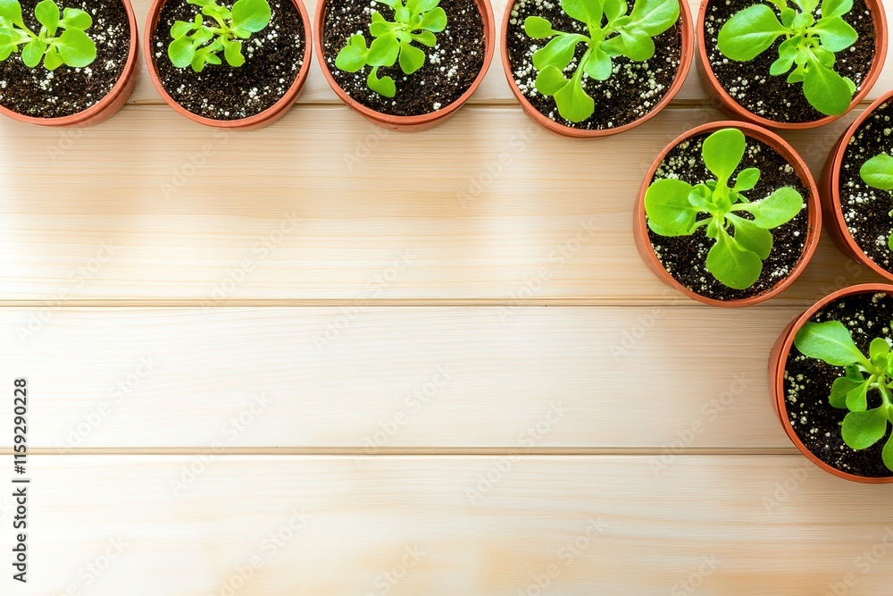 Poster close-up of freshly planted seedlings in small pots arranged neatly on light wooden surface with emp