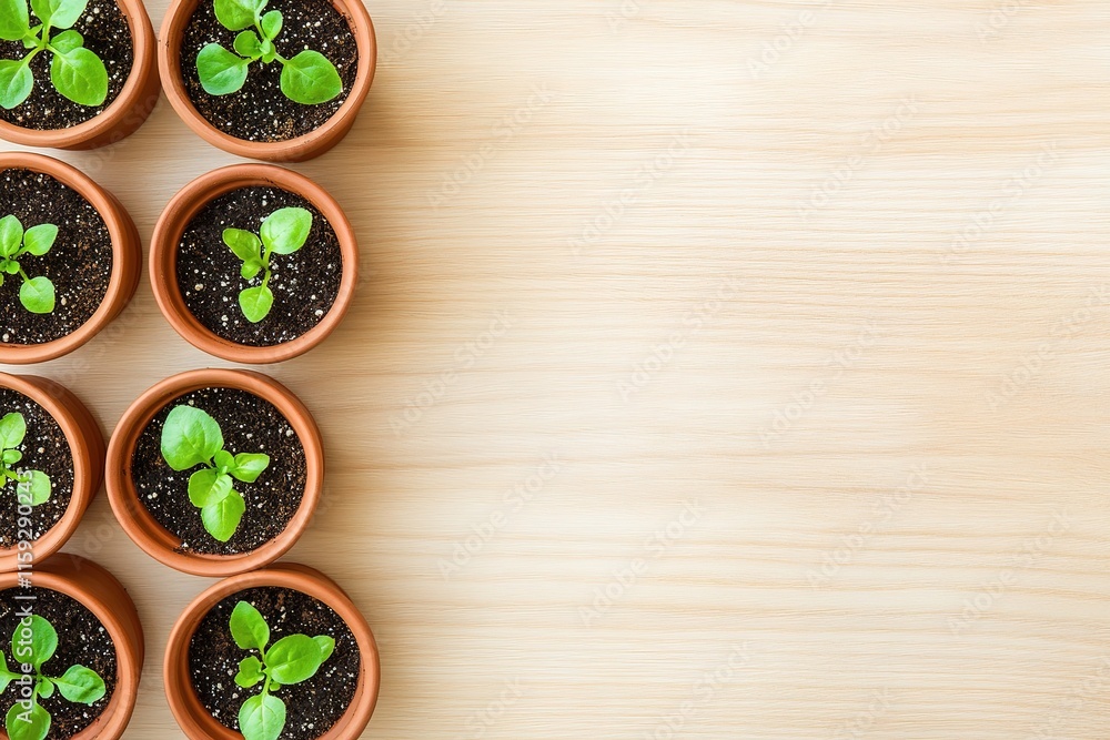Poster close-up of freshly planted seedlings in small pots arranged neatly on light wooden surface with emp
