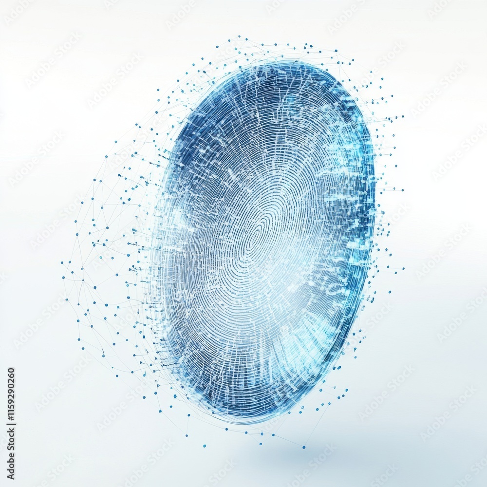 Poster a futuristic digital fingerprint composed of interconnected nodes, symbolizing security and technolo