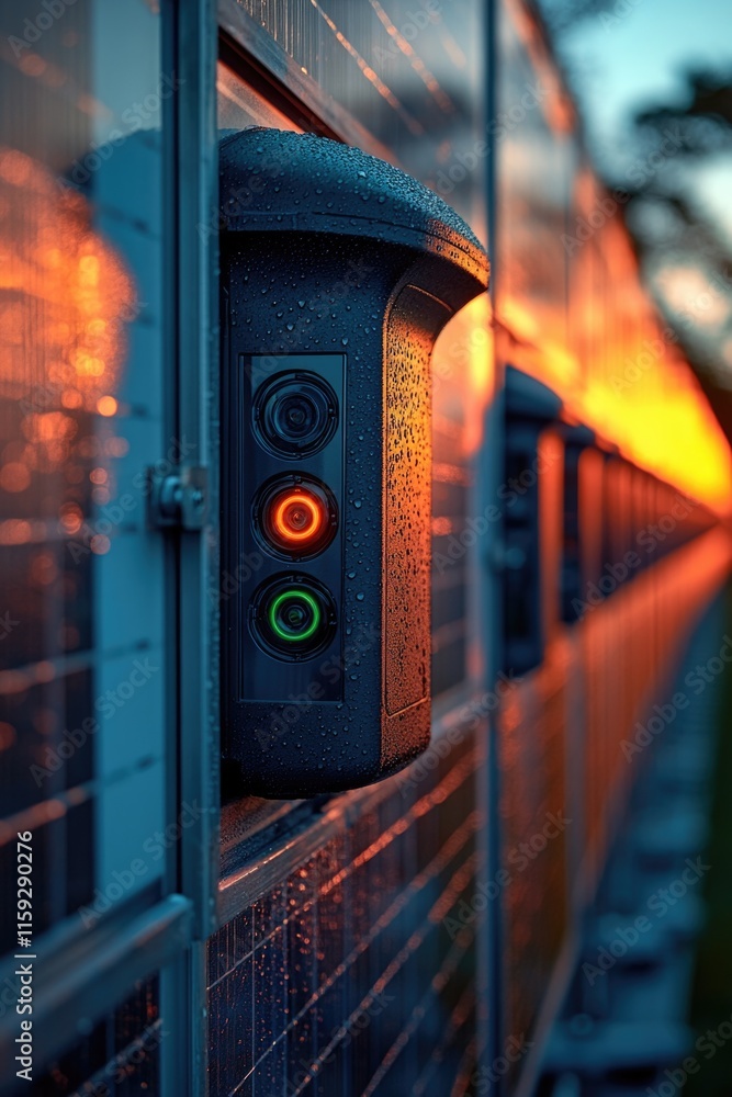 Poster a close-up shot of a light fixture on the side of a building, providing illumination