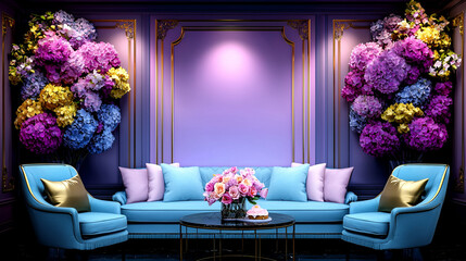 Luxurious interior featuring a blue sofa, decorative cushions, and vibrant floral arrangements against a purple backdrop.