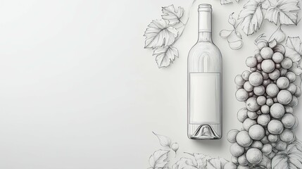 Wine bottle sketch mockup with detailed grape cluster and vine leaves on clean white background, minimalist wine concept for packaging design and label presentation