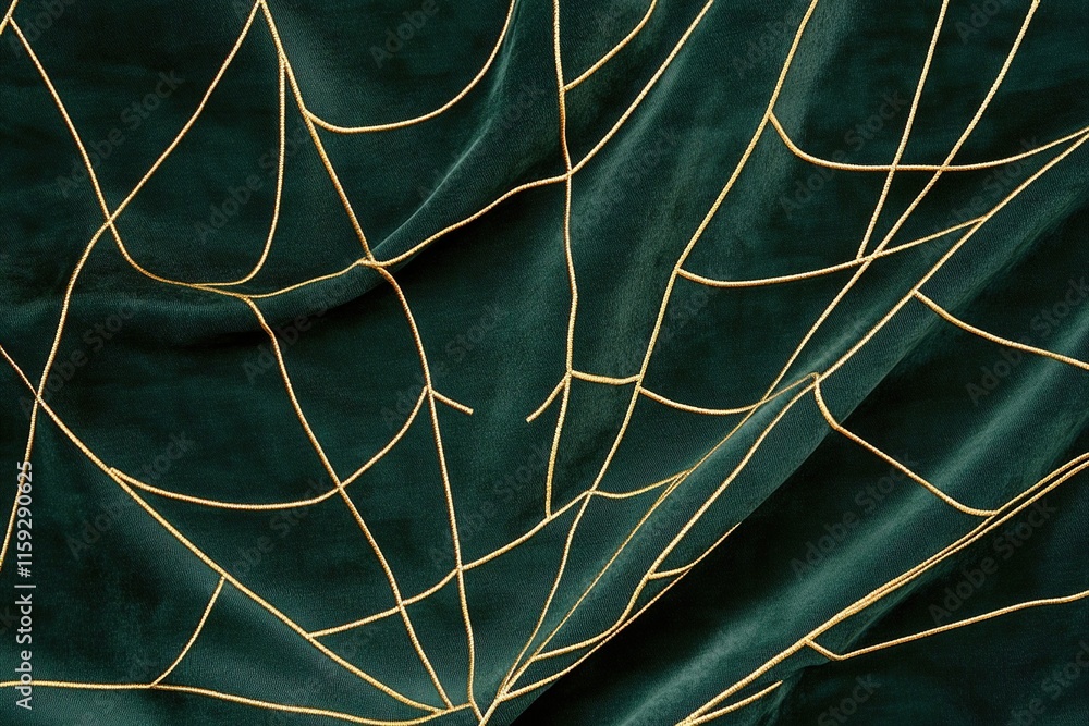Poster delicate design of thin golden lines forming spiderweb-like pattern over deep green velvet backgroun